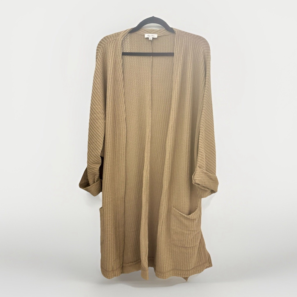 ☀️ Petal Dew Waffle Knit Open Cardigan with Pockets Size L – Warm Camel